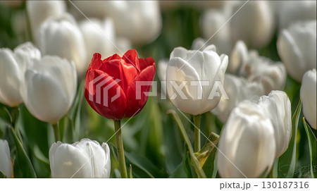 際立つ個性：赤いチューリップ 130187316