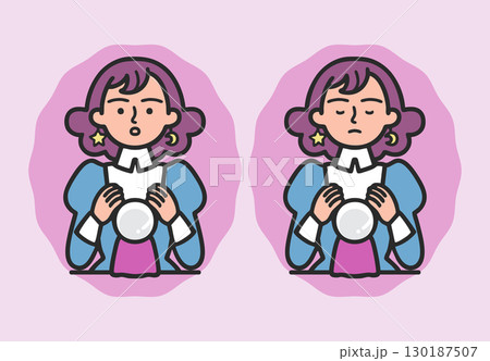 水晶に手をかざし、前を向いて話している占い師の女性のイラスト。スピリチュアル、占い、神秘的なイメージ 130187507