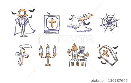 Set of halloween dracula or vampire illustration . Hand drawn icon . Vector . 130187645