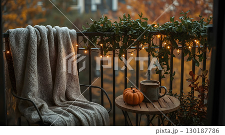 Cozy balcony setup with warm blanket, coffee, and autumn decor during golden hour 130187786