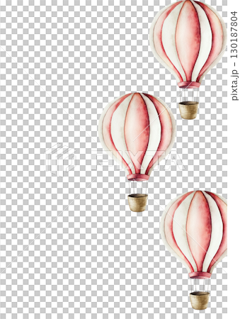 Air Balloon with basket postcard. Watercolor hand drawn aerostate clipart isolated on background, transparent png. Cute illustration. Baby shower design elements. Party invitation, birthday Air Balloon with basket postcard. Watercolor hand drawn aerostate clipart isolated on background, transparent png. Cute illustration. Baby shower design elements. Party invitation, birthday 130187804