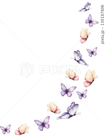 Postcard with beautiful colorful butterflies. Watercolor hand drawn logo, template, insect clipart isolated on background. Botanical and wedding illustration. Baby shower design elements. Party Postcard with beautiful colorful butterflies. Watercolor hand drawn logo, template, insect clipart isolated on background. Botanical and wedding illustration. Baby shower design elements. Party 130187806