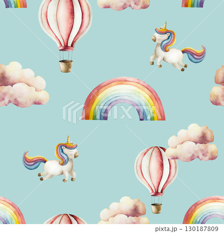 Air Balloons with basket and Summer air clouds, unicorn, rainbow seamless pattern. Watercolor hand drawn nursery clipart isolated on background. Cute illustration. Baby shower design elements. Party 130187809