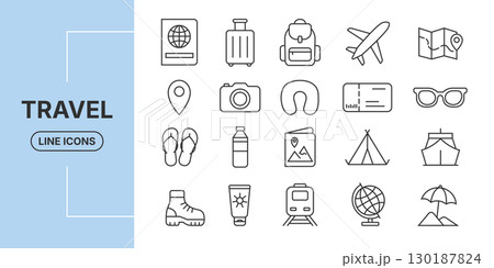 Minimal line icons set for travel including suitcase, passport, airplane and map 130187824