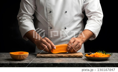 Chef preparing butternut squash in a kitchen with dark background at evening 130187847