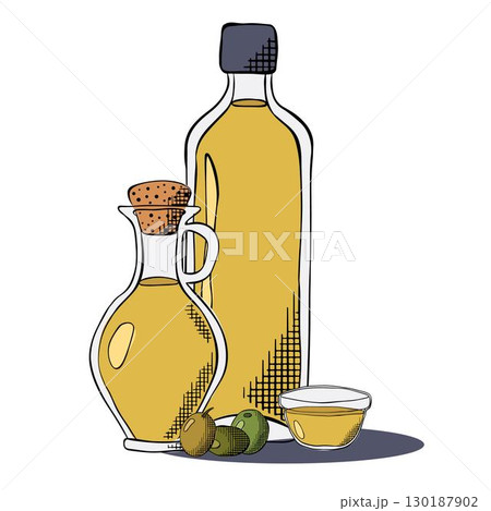 Vector olive oil and olives bottles line art illustration, graphic line ink art. Elegant line botanical illustration. Great for any designs, textile, art, walls, package cosmetic, textile, cards. 130187902