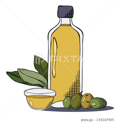 Hand-drawn olive berries and olive oil bottle and bowl composition isolated on a white background. Extra-virgin olive oil. Vintage style. Vector graphic line ink colored illustration 130187905