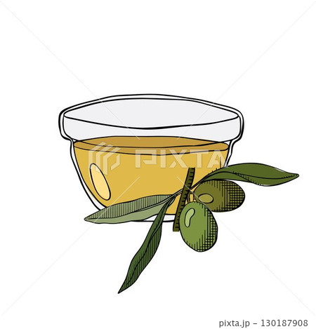 Bowl of natural oil decorated with olive branch, Olive oil bowl composition. Vector graphic line ink colored illustration. Olive oil, bowl, branch, berries, green leaves package, cosmetic, textile 130187908
