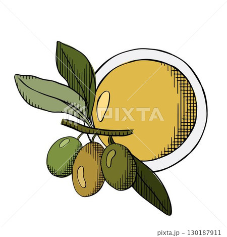 Oil in bowl hand drawn isolated. Olive oil bowl composition. Vector graphic line ink colored illustration. Olive oil, bowl, branch, berries, green leaves extra virgin vegetable salad dressing. Oil in bowl hand drawn isolated. Olive oil bowl composition. Vector graphic line ink colored illustration. Olive oil, bowl, branch, berries, green leaves extra virgin vegetable salad dressing. 130187911