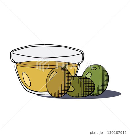 Virgin Olive Oil in Transparent Glass Bowl Olive oil bowl composition. Vector graphic line ink colored illustration. Olive oil, bowl, berries for logo, web, package, sticker. 130187913