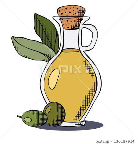 Olive oil bottle accompanied by green olives and leaves, Olive oil bottle composition. Vector graphic line ink colored illustration. Olive oil, bottle, branch, berries, green leaves Olive oil bottle accompanied by green olives and leaves, Olive oil bottle composition. Vector graphic line ink colored illustration. Olive oil, bottle, branch, berries, green leaves 130187914