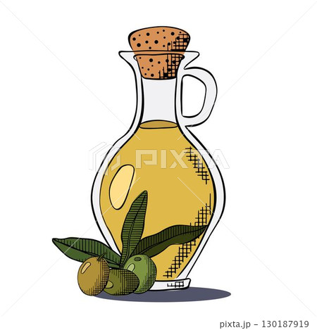 bottle of olive oil and a branch with olives Olive oil bottle composition. Vector graphic line ink colored illustration. Olive oil, bottle, branch, berries, green leaves labels, t-shirt printing. bottle of olive oil and a branch with olives Olive oil bottle composition. Vector graphic line ink colored illustration. Olive oil, bottle, branch, berries, green leaves labels, t-shirt printing. 130187919