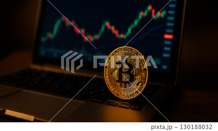 Bitcoin coin standing on laptop keyboard with blurred trading chart on screen; Bitcoin coin emphasizes cryptocurrency market as Bitcoin reflects digital finance investment and trading concept 130188032