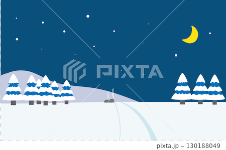 冬の夜の雪が積もった小さな家がある風景 冬の夜の雪が積もった小さな家がある風景 130188049