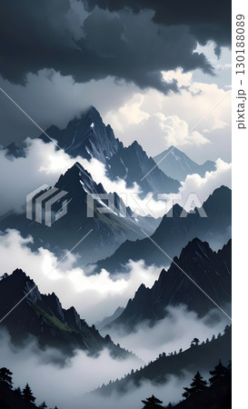 Dramatic, moody landscape of mountain peak in stormy clouds and fog. powerful nature scene with dark sky and majestic range 130188089
