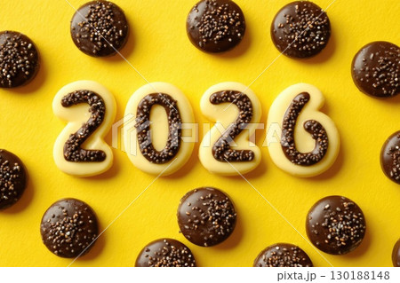 New Year 2026 made of white and dark chocolate surrounded by candies on yellow background, top view, Happy New Year greeting card 130188148