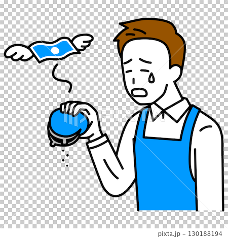 A man in an apron lamenting his lack of money 130188194