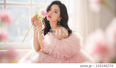 ピンクのドレスを纏い花を持つ女性のエレガントなポートレート 130188274