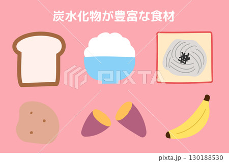 炭水化物を多く含む食品のイラストセット 130188530