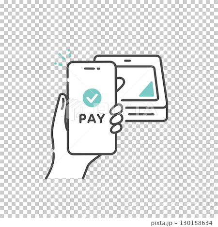 使用智慧型手機進行無現金支付的向量圖示（線圖，藍色） 130188634