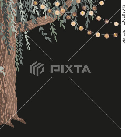 Green weeping willow tree and thread ball garlands vertical corner frame isolated on dark background. Corner tree branches border vector Green weeping willow tree and thread ball garlands vertical corner frame isolated on dark background. Corner tree branches border vector 130188945
