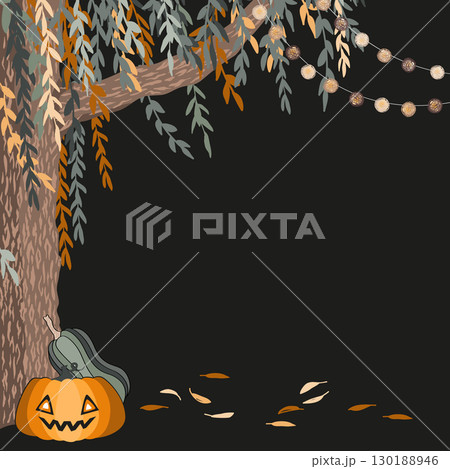 Weeping willow tree, pumpkins, and thread ball garlands vertical corner frame isolated on dark background. Corner tree branches border vector. 130188946