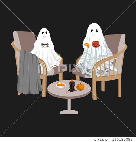 Two cute lace-sheet ghosts sitting in a cozy chairs with a hot drink. Halloween design element, isolated vector illustration. Fall season cute aesthetic design. Two cute lace-sheet ghosts sitting in a cozy chairs with a hot drink. Halloween design element, isolated vector illustration. Fall season cute aesthetic design. 130189083