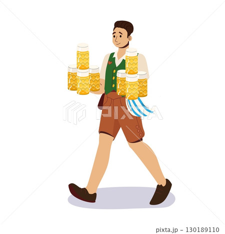 Smiling man in traditional Bavarian outfit carrying multiple beer mugs during Oktoberfest celebration, waiter on white background 130189110