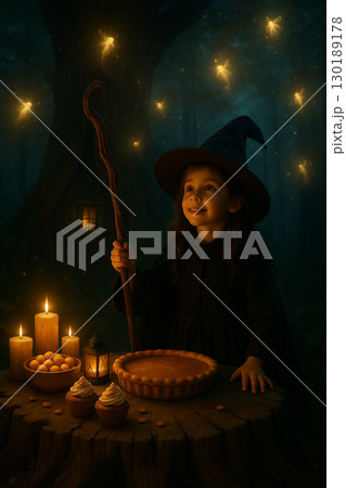 森の中で精霊に囲まれた少女魔法使いとキャンドルの祭壇 130189178