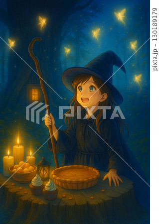 精霊に微笑む少女魔法使いと森のキャンドルの幻想的な風景 130189179