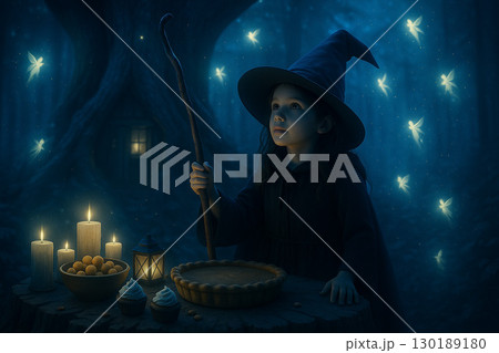 青い光に包まれた森で精霊と出会う少女魔法使い 130189180