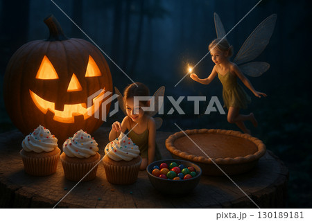 妖精たちとハロウィンのスイーツテーブル、ジャックオーランタンの光 130189181