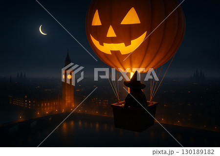 夜空を飛ぶジャックオーランタンの熱気球と欧州風の街並み 130189182