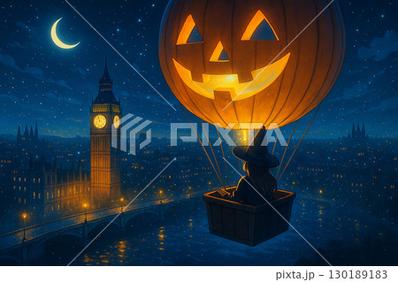 星空と三日月に浮かぶジャックオーランタンの熱気球と西洋の都市夜景 130189183