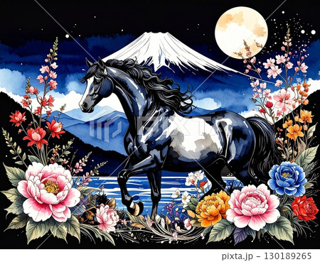 富士山と馬と花のイラスト 130189265