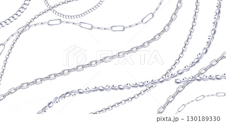 Gracefully curved silver chains and pearl strands in a rectangular frame. Isolated watercolor illustration for printing design for Christmas sales, jewelry stores, postcard printing. 130189330