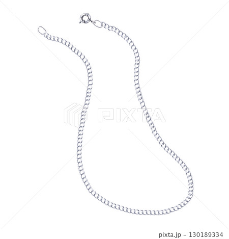 Silver curved unfastened chain. Isolated watercolor jewelry illustration for catalog design, shop windows, branded packaging, interior design and wedding events. Silver curved unfastened chain. Isolated watercolor jewelry illustration for catalog design, shop windows, branded packaging, interior design and wedding events. 130189334