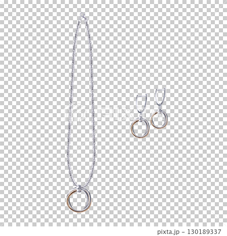 A pair of silver earrings made of two types of metal and a chain with a pendant in a set. Isolated watercolor illustration of jewelry for the design of catalogs, showcases, branded packaging. 130189337