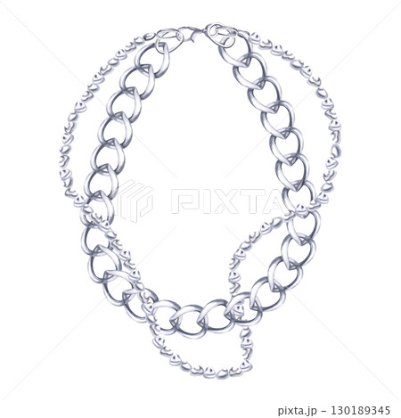 Necklace made of a strand of baroque pearls and a large silver chain. Isolated watercolor illustration of jewelry for the design of catalogs, showcases, corporate packaging, interior design. 130189345