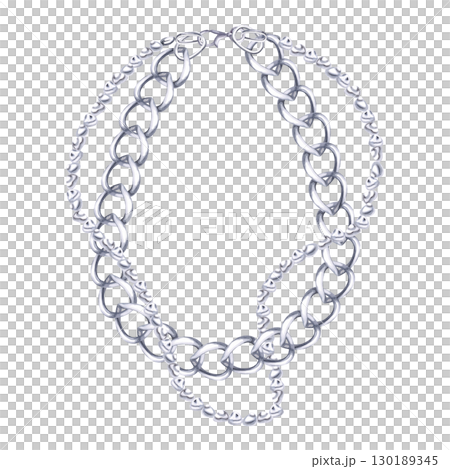 Necklace made of a strand of baroque pearls and a large silver chain. Isolated watercolor illustration of jewelry for the design of catalogs, showcases, corporate packaging, interior design. 130189345