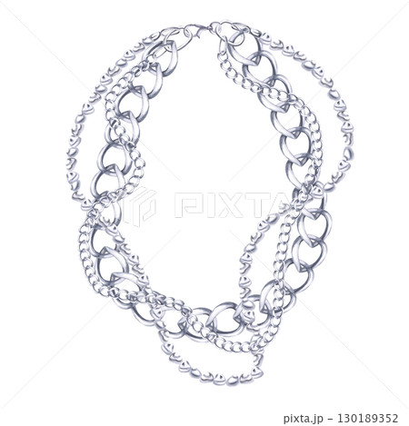 Necklace with two types of chains and a strand of baroque pearls. Isolated watercolor illustration of jewelry for catalog design, shop windows, branded packaging, interior design and wedding events. 130189352