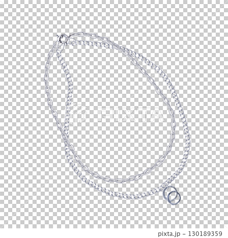 Double silver chain with rings pendant. Isolated watercolor jewelry illustration for catalog design, shop windows, branded packaging, interior design and wedding events. Double silver chain with rings pendant. Isolated watercolor jewelry illustration for catalog design, shop windows, branded packaging, interior design and wedding events. 130189359