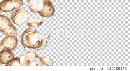 Rectangular frame of slices and whole potatoes. Isolated watercolor illustration on the theme of vegetables for the design of seed packaging, restaurant menus, culinary recipes. 130189376