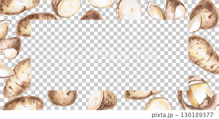 Rectangular frame of different parts of potatoes. Isolated watercolor illustration on the theme of vegetables for the design of seed packaging, restaurant menus, culinary recipes. Rectangular frame of different parts of potatoes. Isolated watercolor illustration on the theme of vegetables for the design of seed packaging, restaurant menus, culinary recipes. 130189377