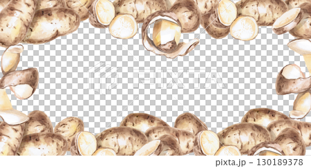 Rectangular frame of peeled and whole potatoes. Isolated watercolor illustration on the theme of vegetables for the design of seed packaging, restaurant menus, culinary recipes. 130189378