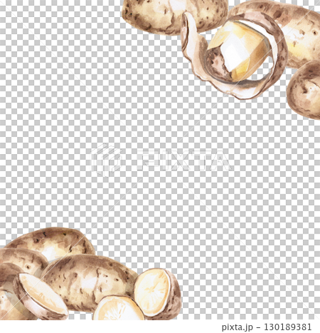 Square frame with corner elements made of potato tubers. Isolated watercolor illustration on the theme of vegetables for the design of packaging of seed materials, restaurant menus, culinary recipes. 130189381