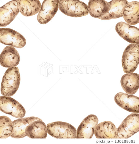 Square frame of potato tubers. Isolated watercolor illustration on the theme of vegetables for the design of seed packaging, restaurant menus, culinary recipes, labels. Square frame of potato tubers. Isolated watercolor illustration on the theme of vegetables for the design of seed packaging, restaurant menus, culinary recipes, labels. 130189383