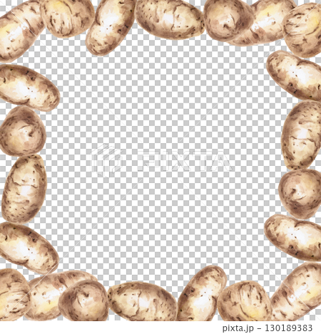 Square frame of potato tubers. Isolated watercolor illustration on the theme of vegetables for the design of seed packaging, restaurant menus, culinary recipes, labels. Square frame of potato tubers. Isolated watercolor illustration on the theme of vegetables for the design of seed packaging, restaurant menus, culinary recipes, labels. 130189383