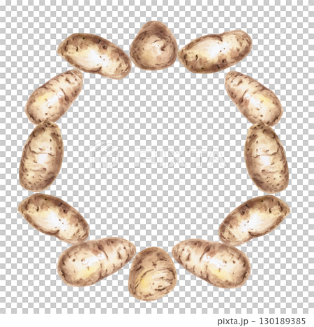 Round frame of whole potato tubers. Isolated watercolor illustration on the theme of vegetables for the design of seed packaging, restaurant menus, culinary recipes, labels. 130189385