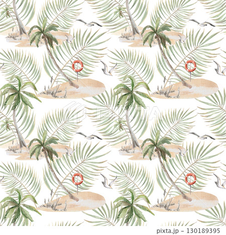 Seamless pattern with palm trees on the sand, seagulls and a lifebuoy. Watercolor illustration on the theme of tropical holidays for the design of tourist brochures, printing on fabric and textiles. Seamless pattern with palm trees on the sand, seagulls and a lifebuoy. Watercolor illustration on the theme of tropical holidays for the design of tourist brochures, printing on fabric and textiles. 130189395